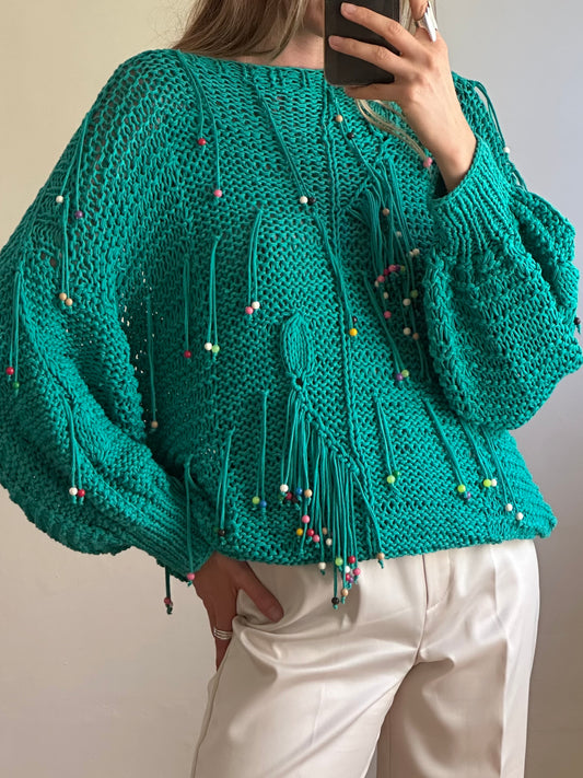 Handmade Turquoise Fringe Knit Sweater M