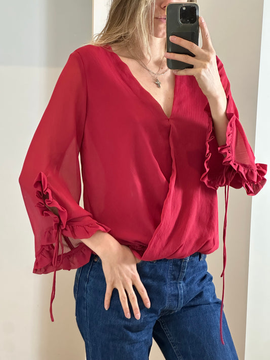 Red Frills Sleeves Blouse M