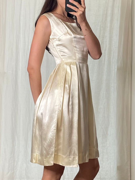 Vintage Tailor Made Silk Satin Cream Midi Dress XS