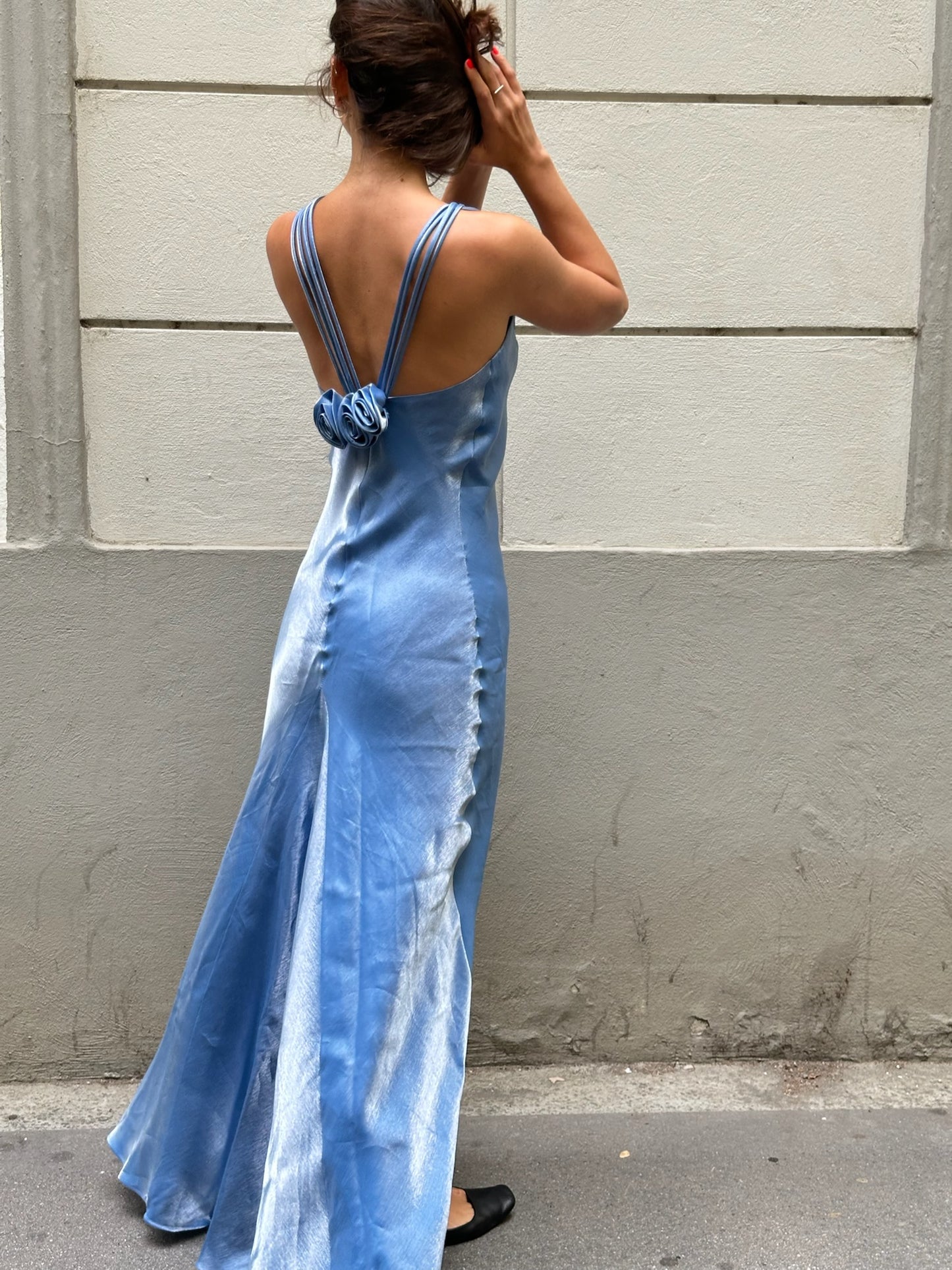 French Vintage Blue Satin Flower Back Maxi Gown S/M