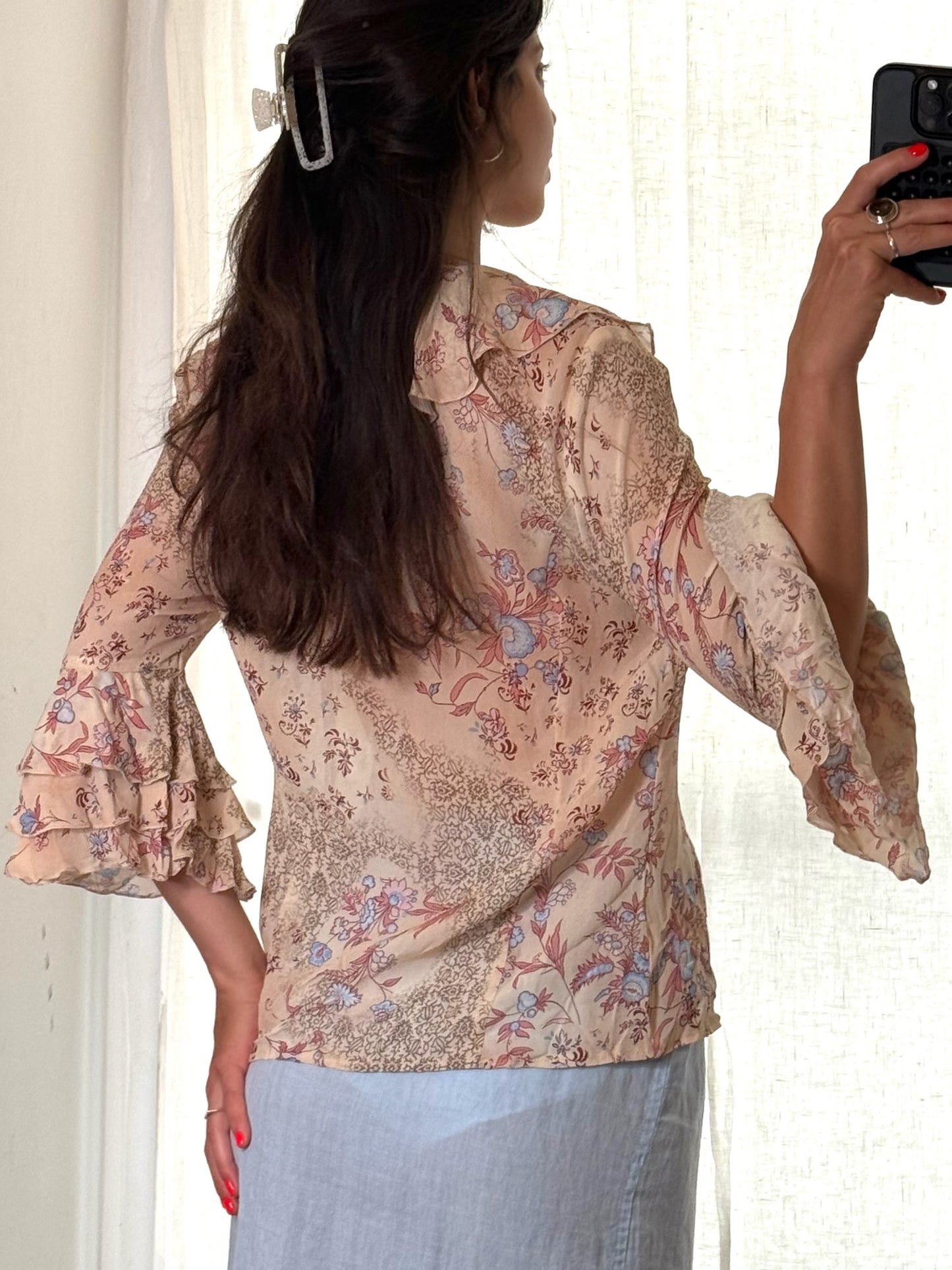 Vintage Floral Viscose Ruffle Blouse S/M