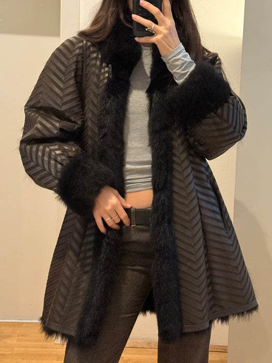 Vintage 100% Genuine Leather & Fur Brown Coat M/L