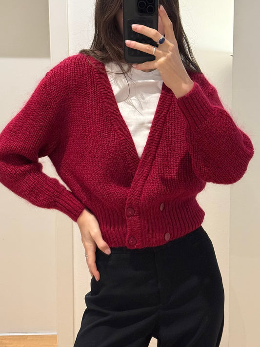 Vintage Mohair Blend Burgundy Red V-Neck Cardigan Sweater S/M