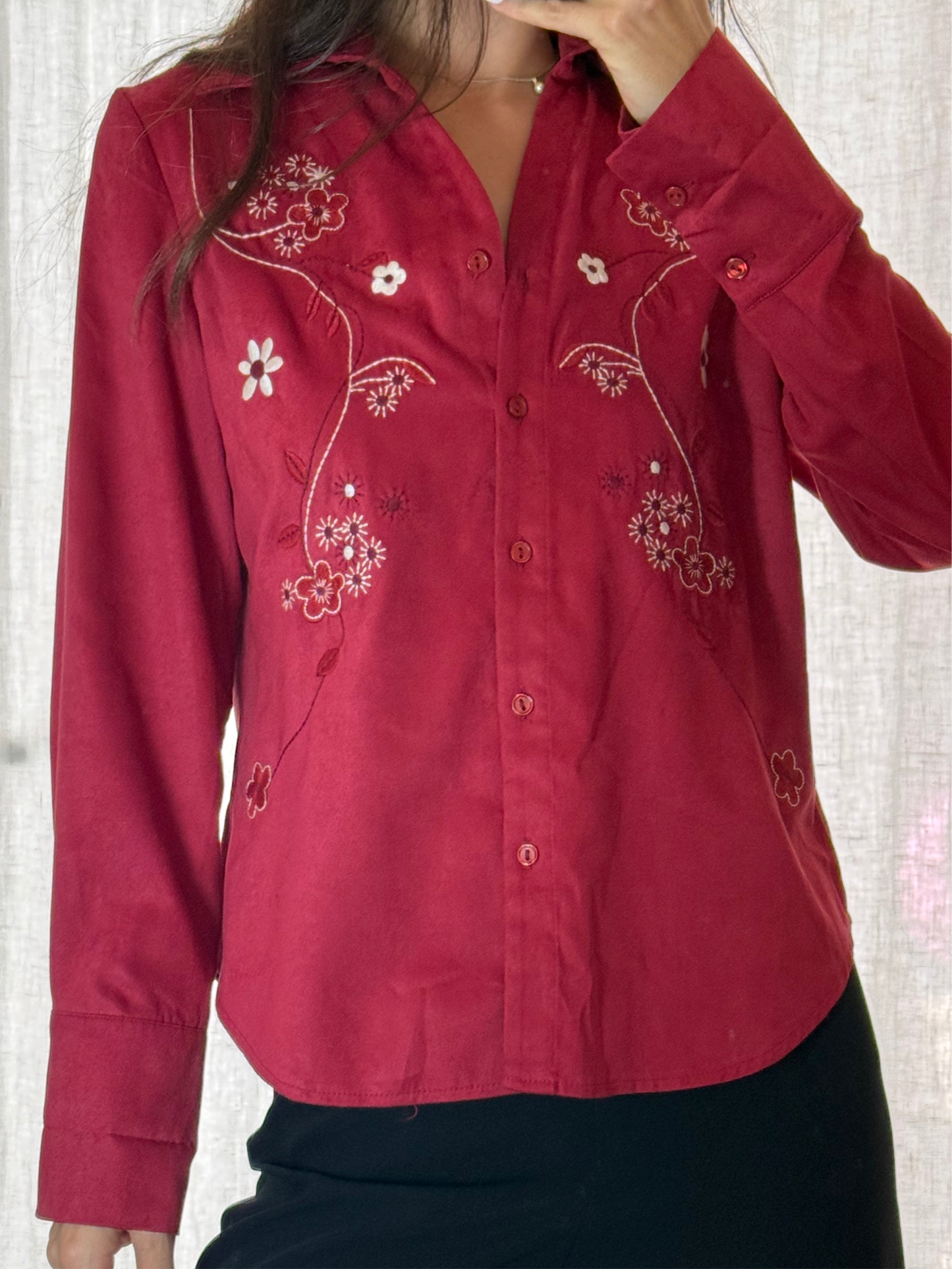 Vintage Red Vegan Suede Button Down Shirt S