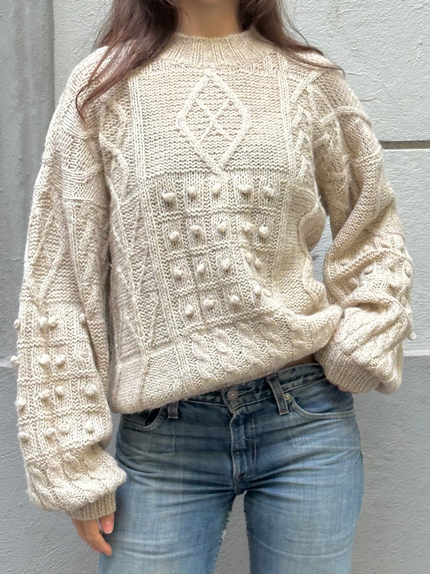 Vintage 100% Wool Cable Knit Cream Sweater L