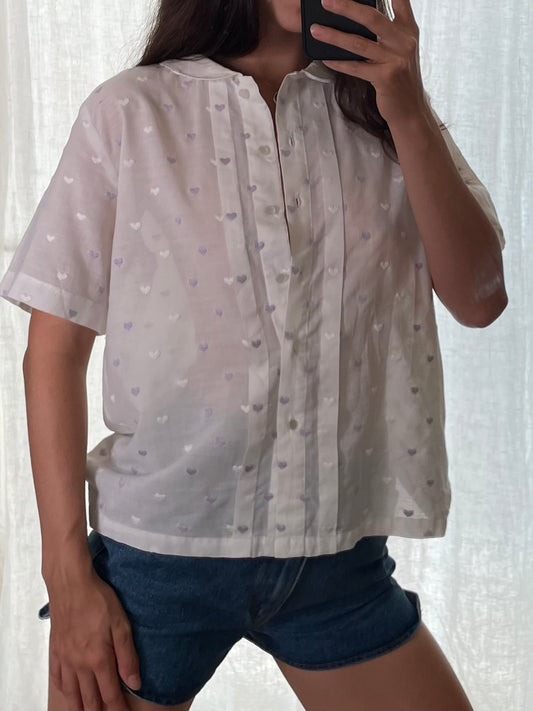 Vintage White Purple Heart Short Sleeve Shirt Blouse S