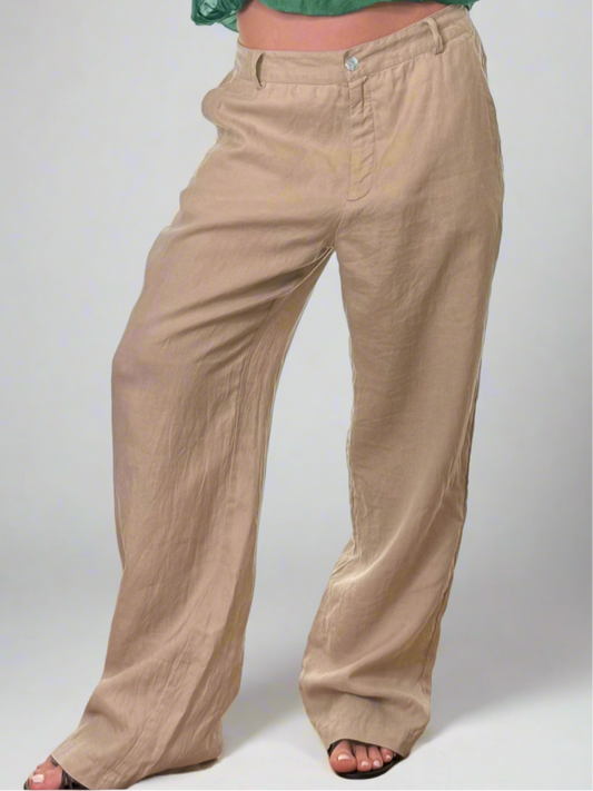 Vintage 100% Linen Beige Wide Leg Belted Trousers M/L EU 38/40