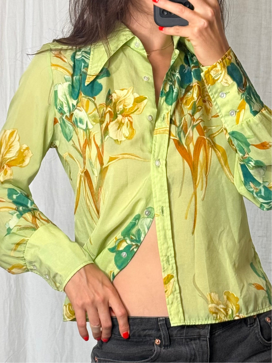 Vintage 100% Viscose Green Pointy Collar Printed Blouse S