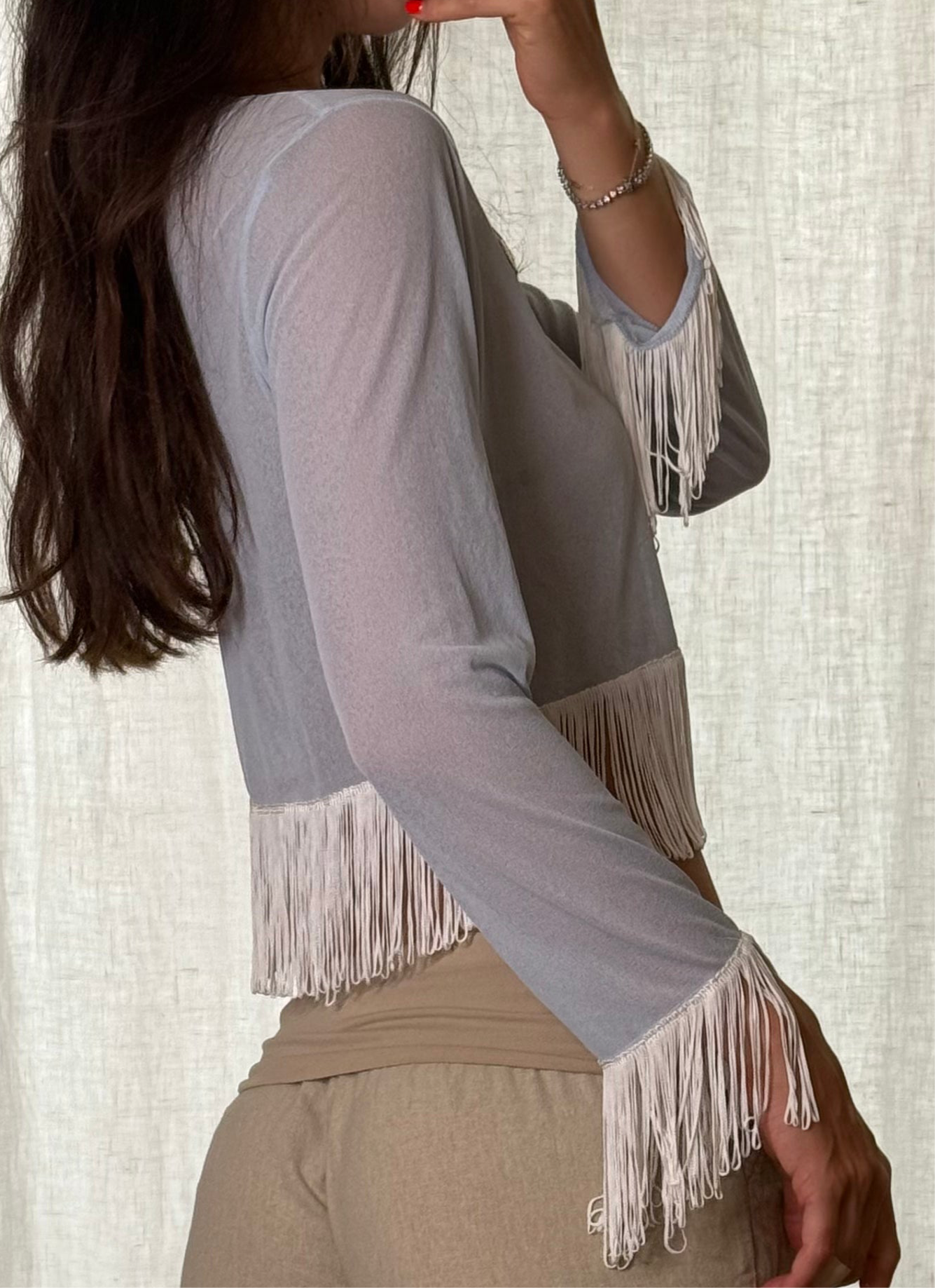 Baby Blue Fringe Tassel Crop Top S