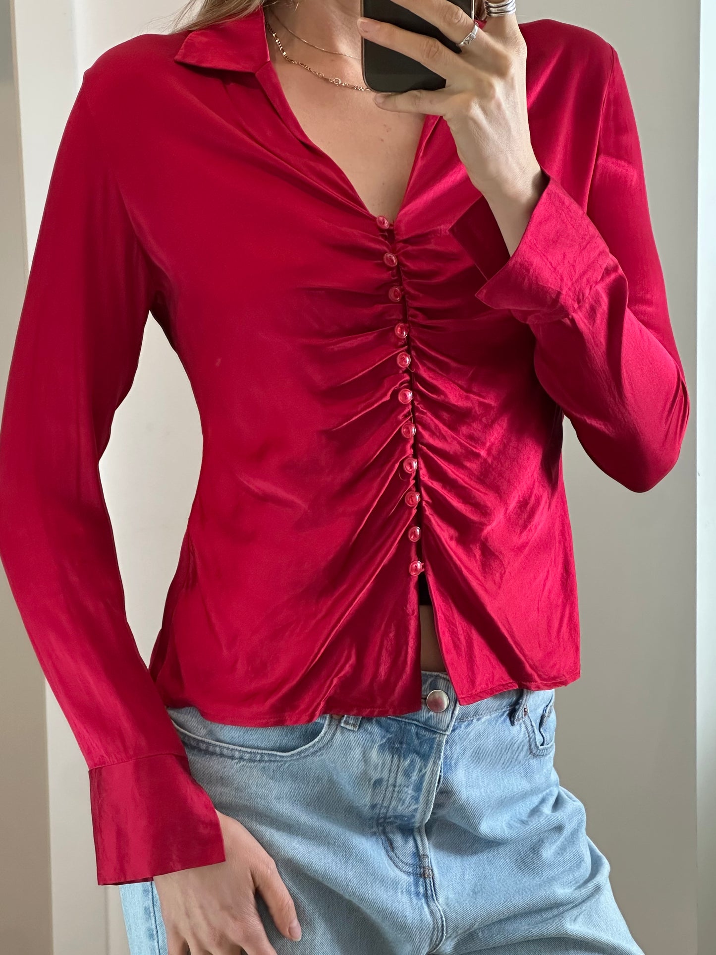 Red 100% Silk Blouse S