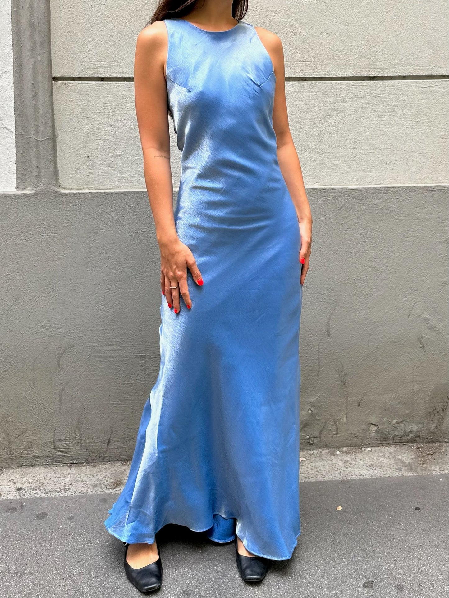 French Vintage Blue Satin Flower Back Maxi Gown S/M