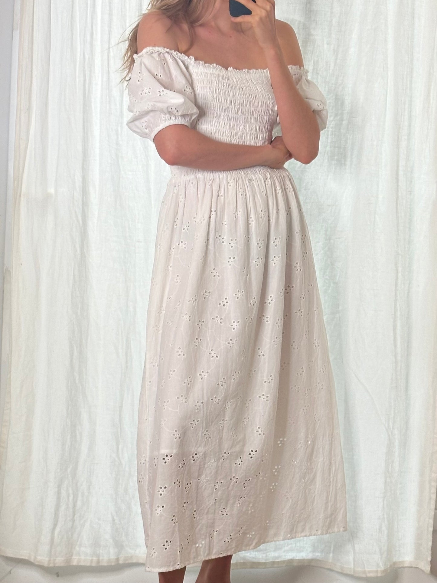 100% Cotton White Puff Sleeve Dress S