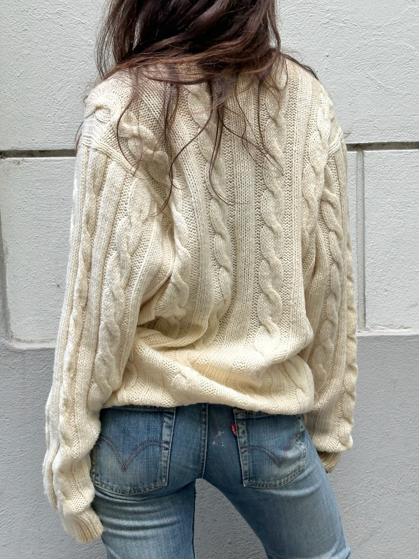 Vintage Wool Blend Cream Cable Knit Pullover Sweater L