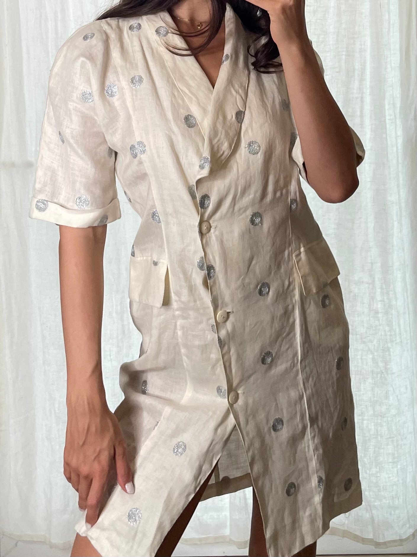 Vintage 100% Linen White Silver Polka Dot Mini Dress S