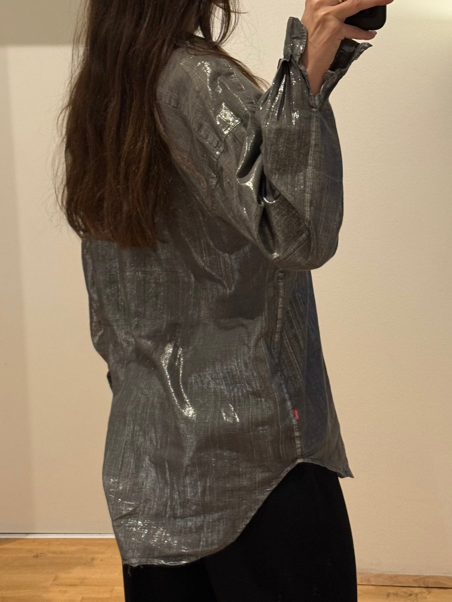 Vintage Gunmetal Gray/Silver Metallic Button Down Blouse Top M