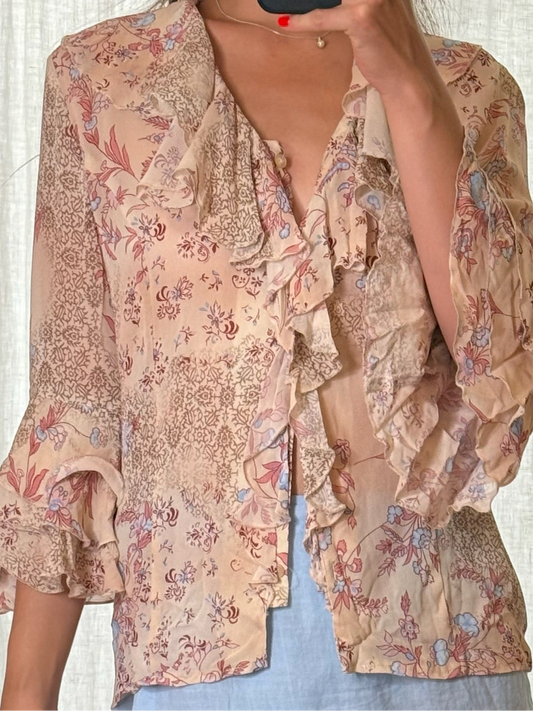 Vintage Floral Viscose Ruffle Blouse S/M