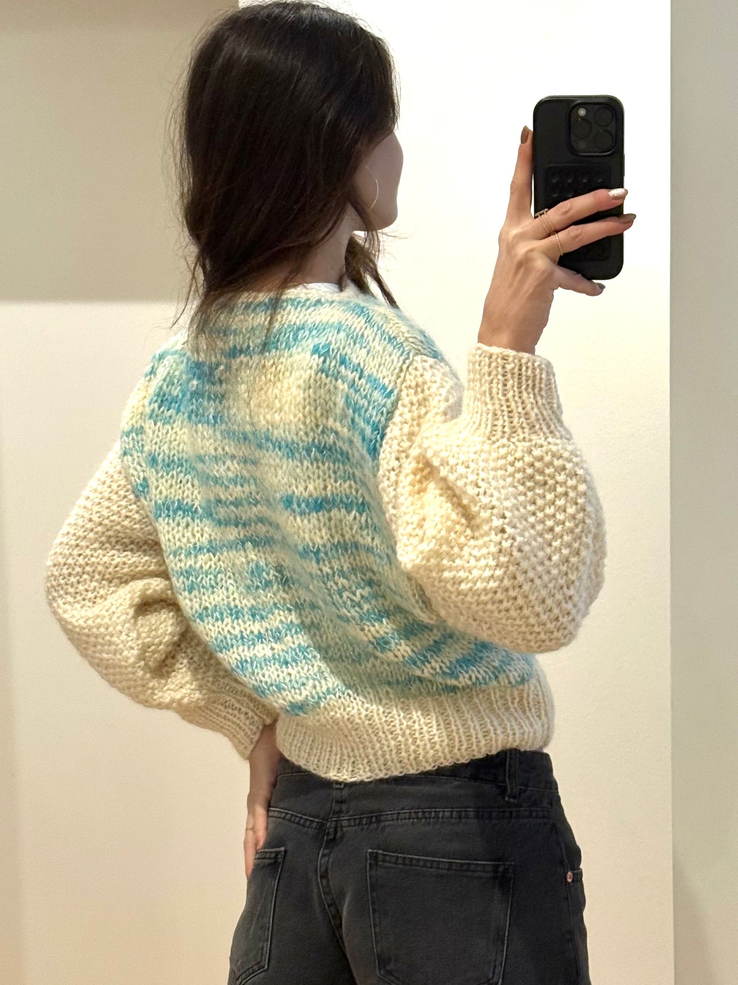 Vintage Cream & Turquoise Wool/Mohair Sweater S