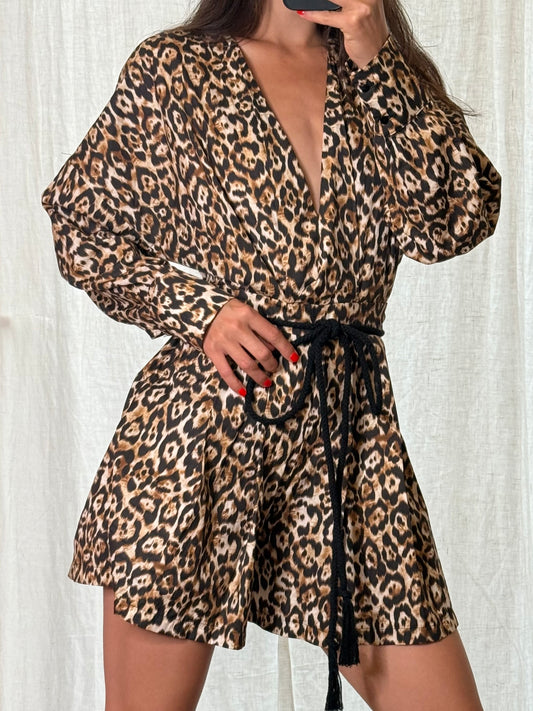 100% Cotton Leopard/Cheetah Printed Belted Romper One Piece S