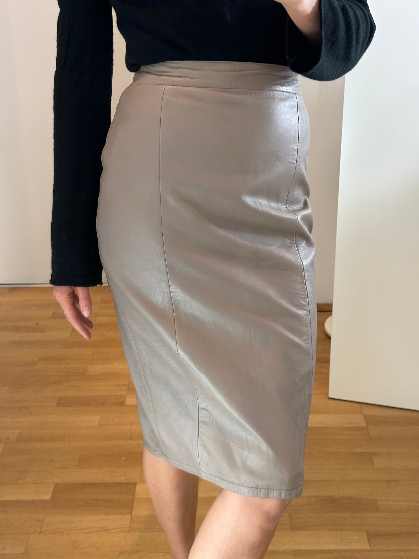 Vintage Gray Leather Midi Skirt S