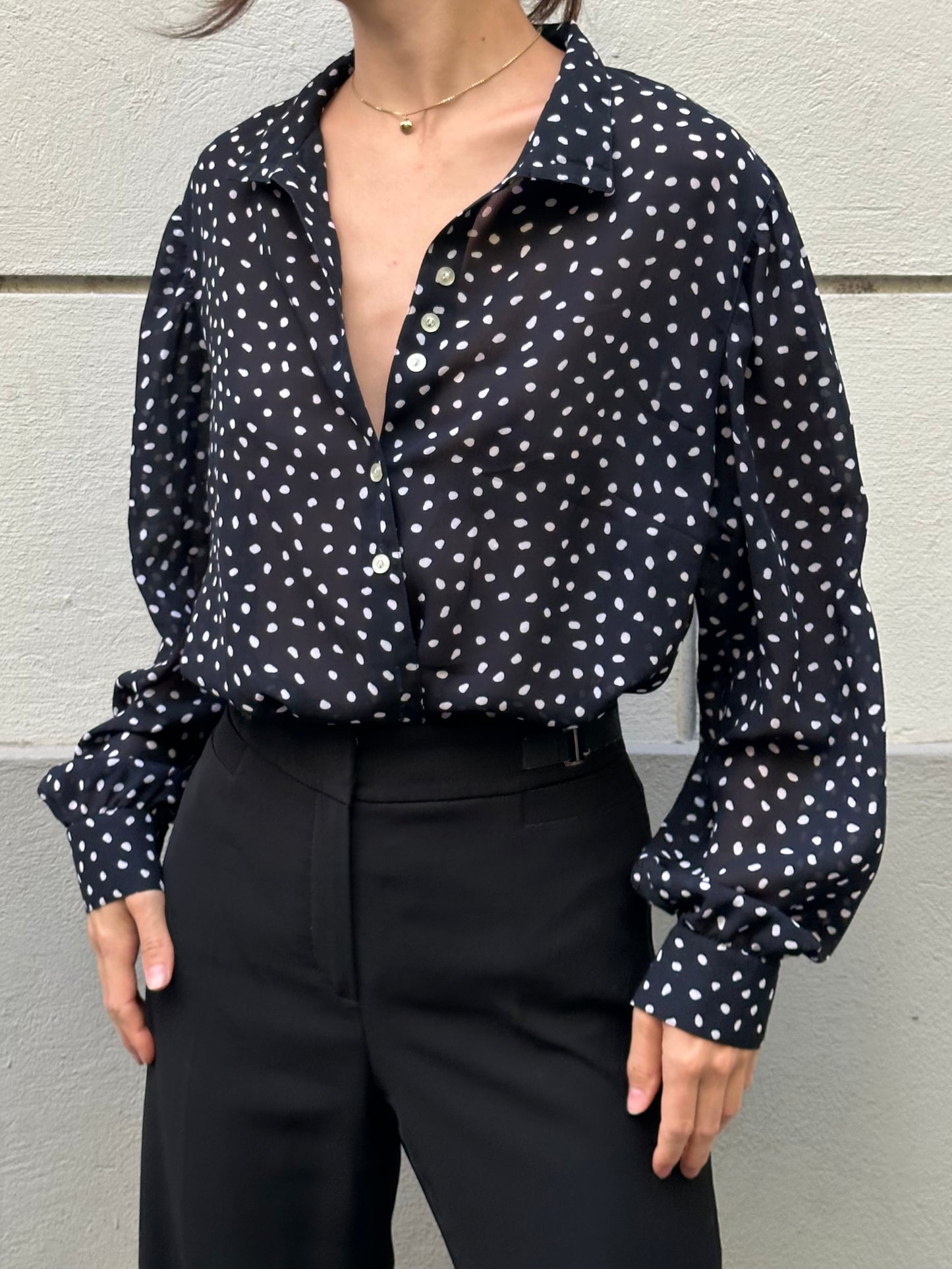 Vintage Navy Blue & White Polka Dots Blouse M