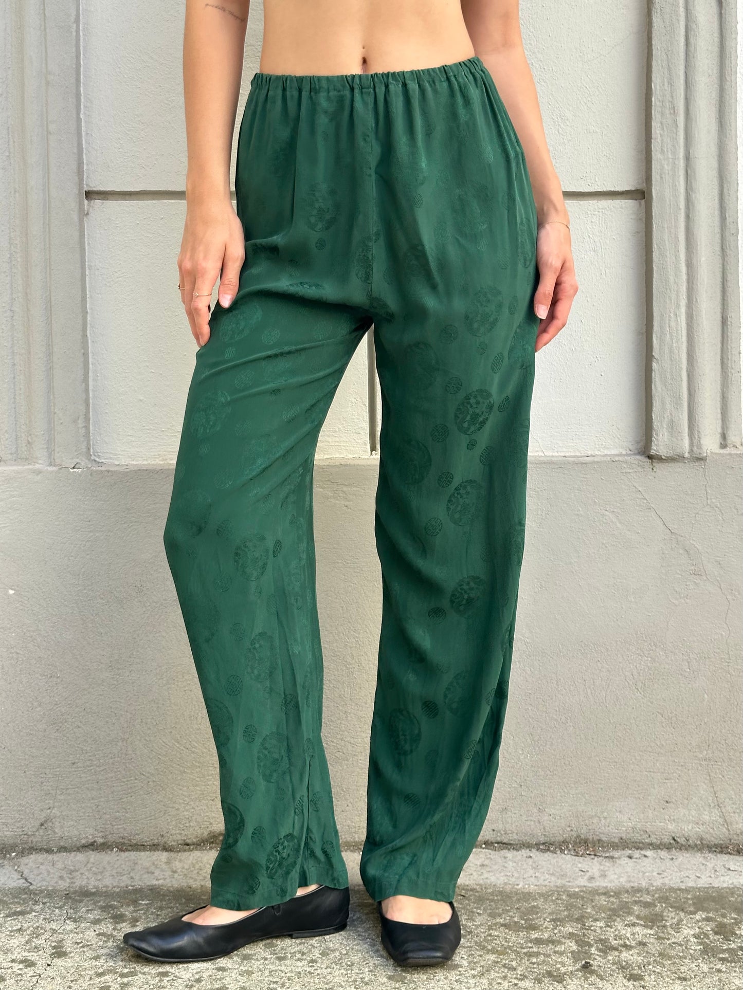 Vintage Forest Green Asian/Oriental Silk Trousers S