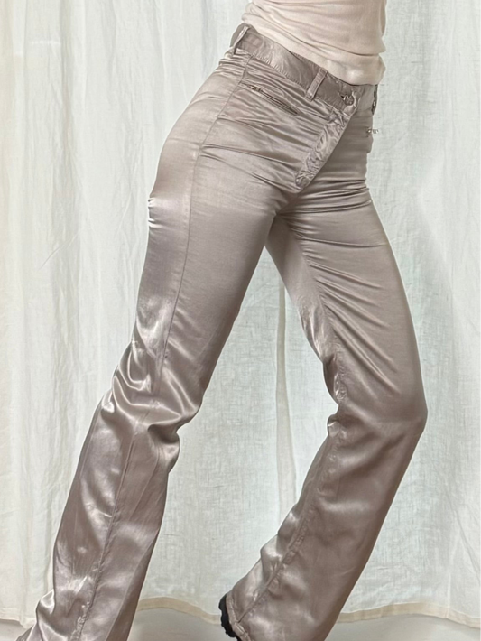 Vintage Cotton/Viscose Silver Gray Satin Y2K Mid Waist Trousers XS/S EU 34