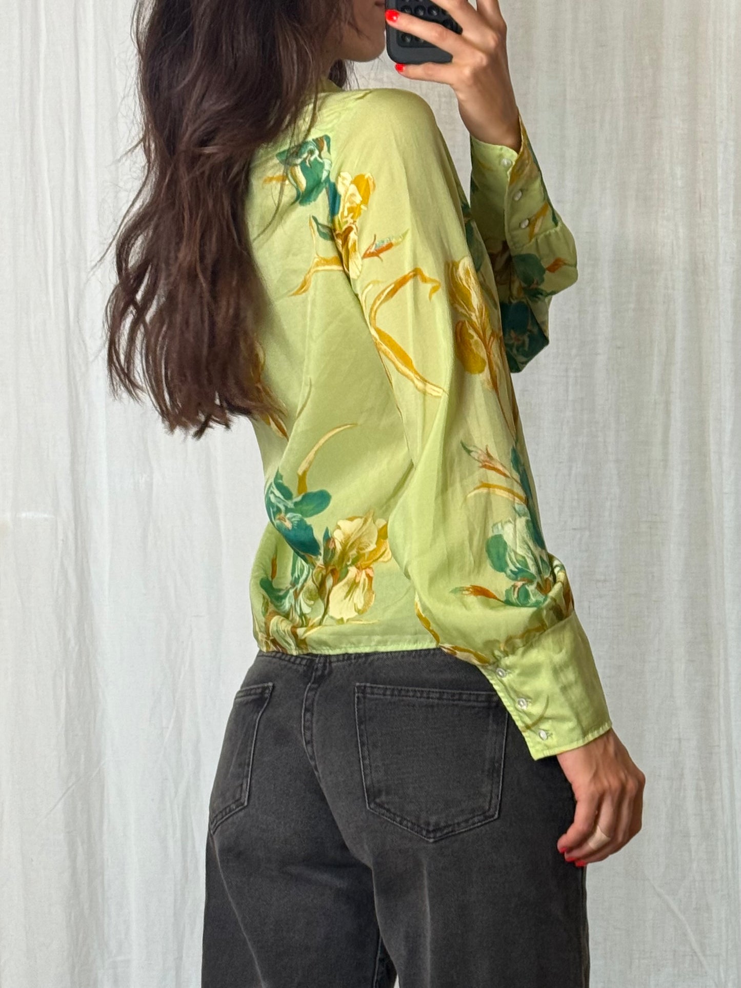 Vintage 100% Viscose Green Pointy Collar Printed Blouse S