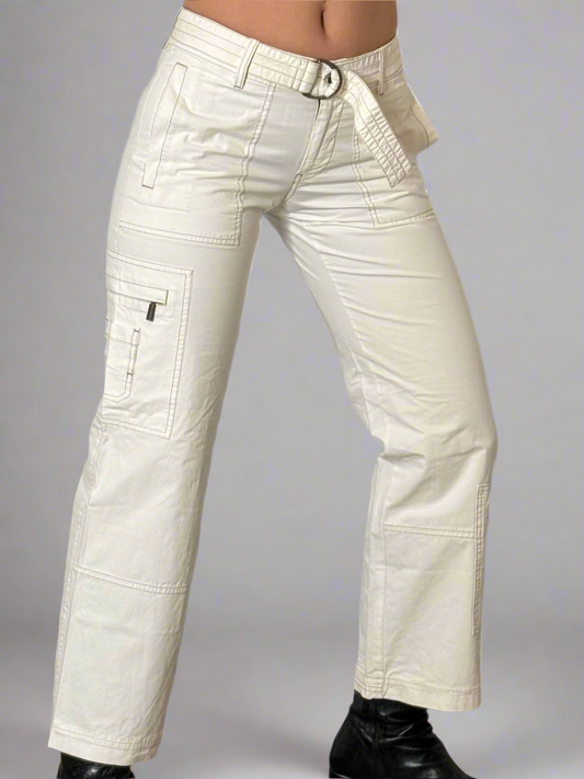 Vintage White 100% Cotton Fitted Cargo Trousers XS EU 34