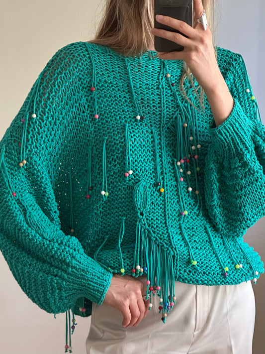Handmade Turquoise Fringe Knit Sweater M
