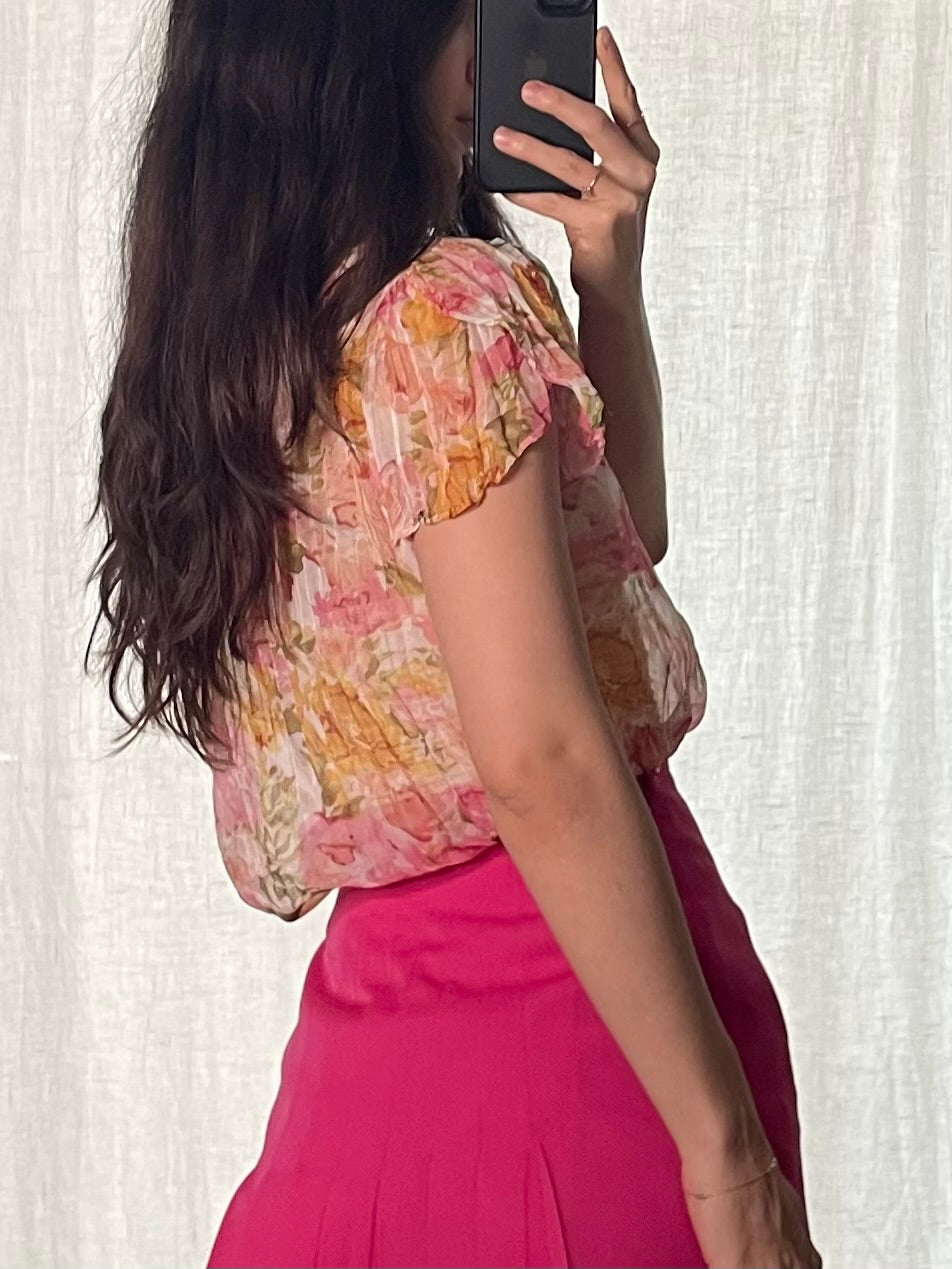 Vintage Floral Pink/Orange Ruffle Hem V-Neck Blouse S
