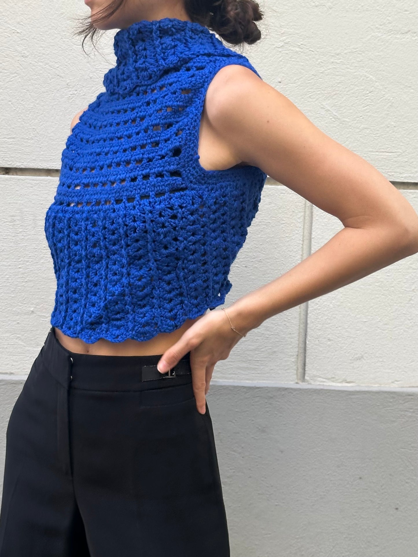Vintage Royal Blue Handmade Knitted Crop Cardigan Bolero XS/S