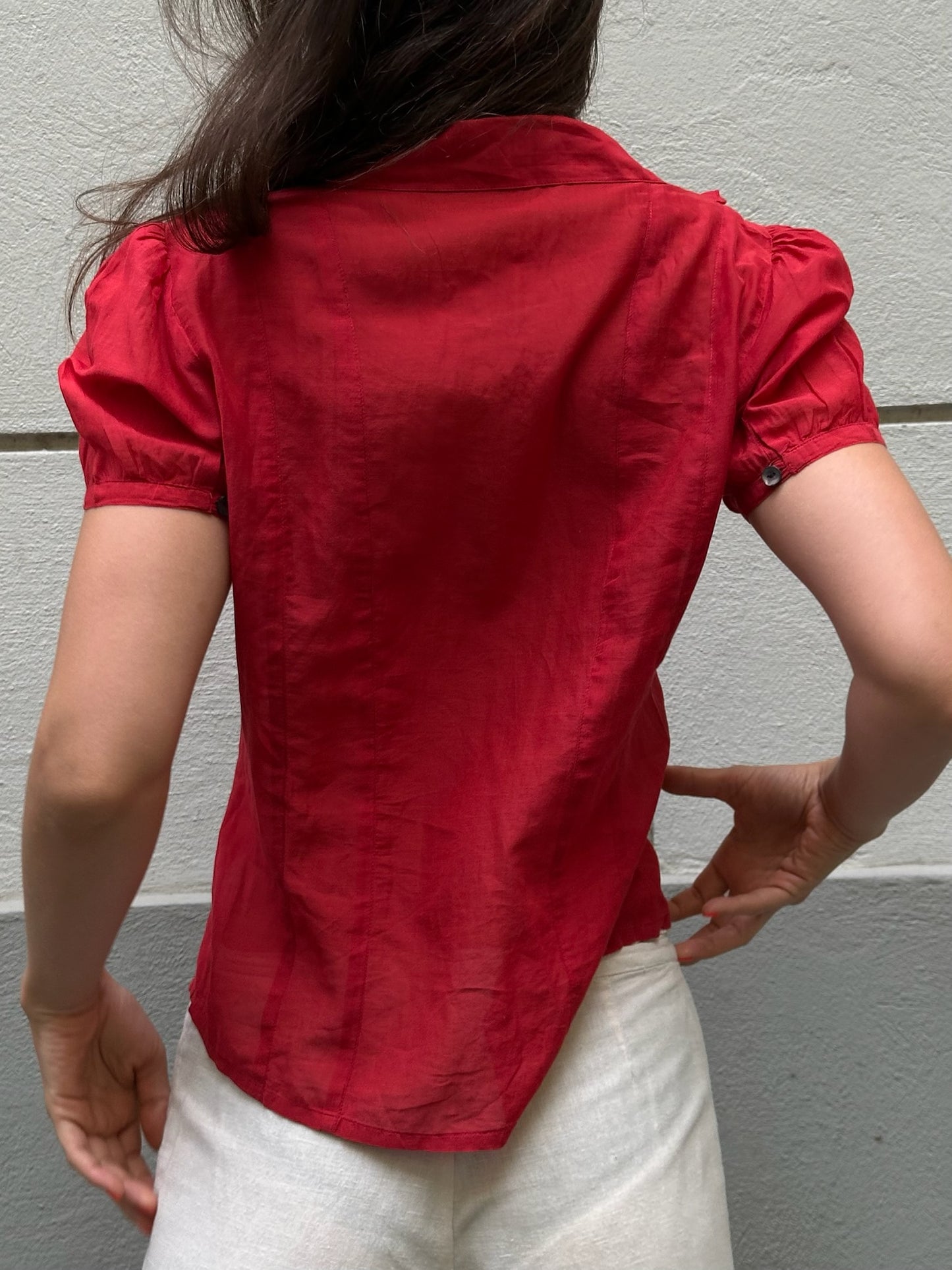 Vintage 100% Cotton Cherry Red Ruffle Front Blouse S