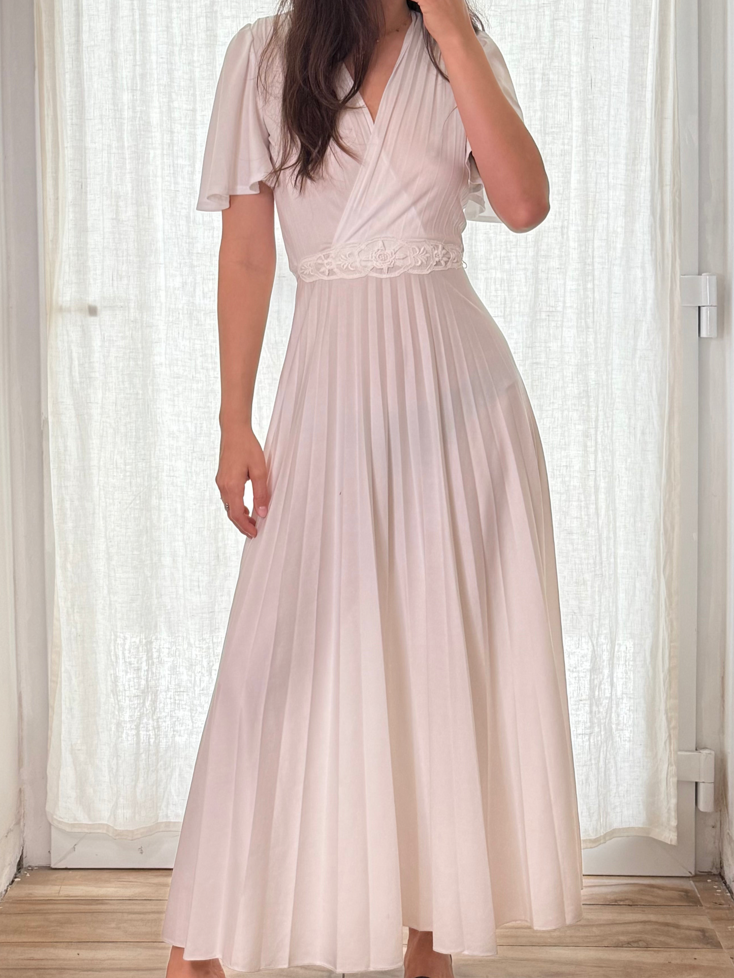 Vintage Pleated White Maxi Gown Dress S