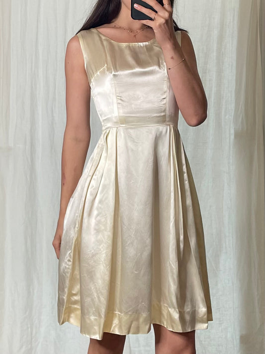 Vintage Tailor Made Silk Satin Cream Midi Dress XS
