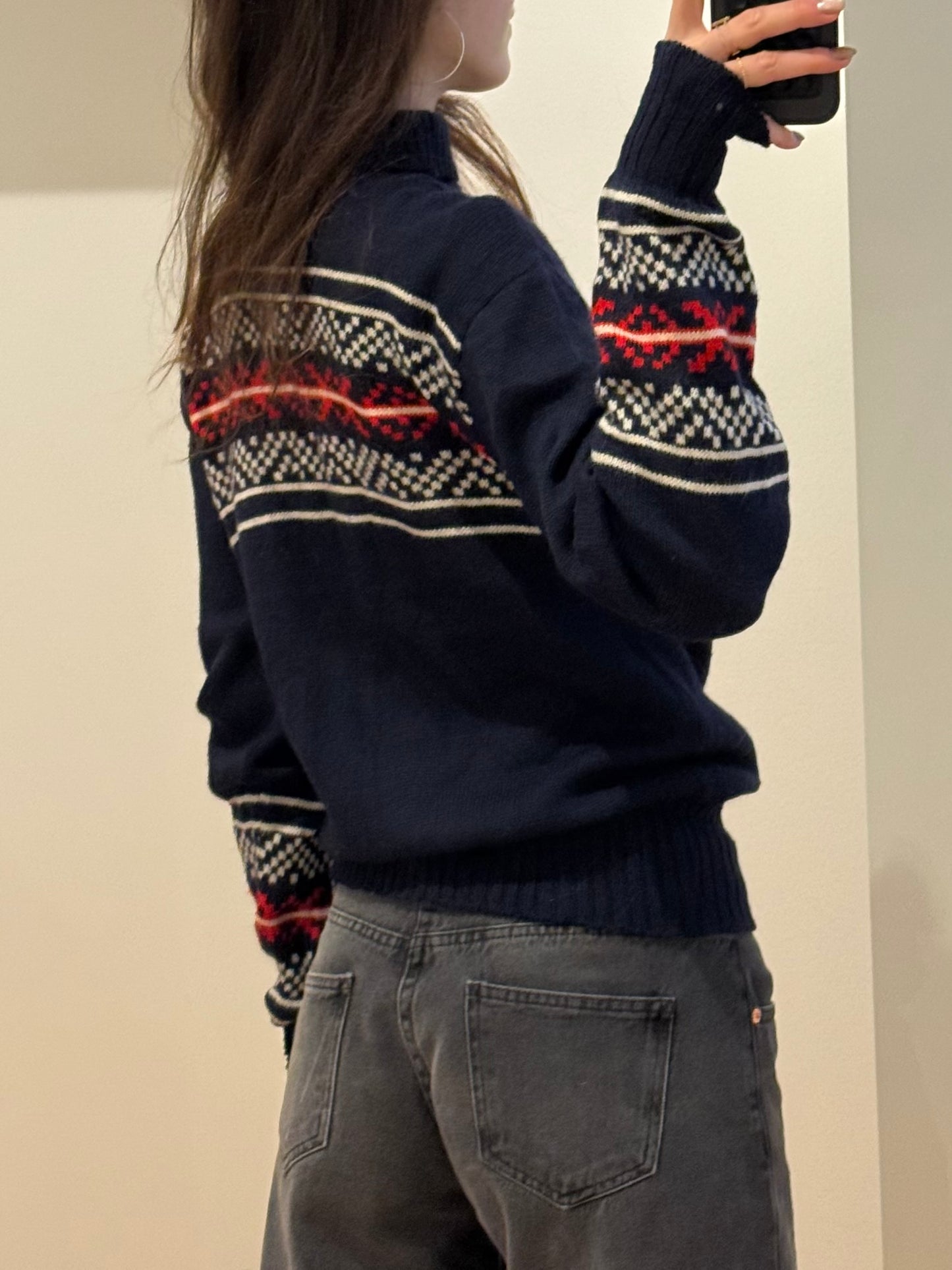 Vintage Wool Navy Pattern High Neck Pullover Sweater M