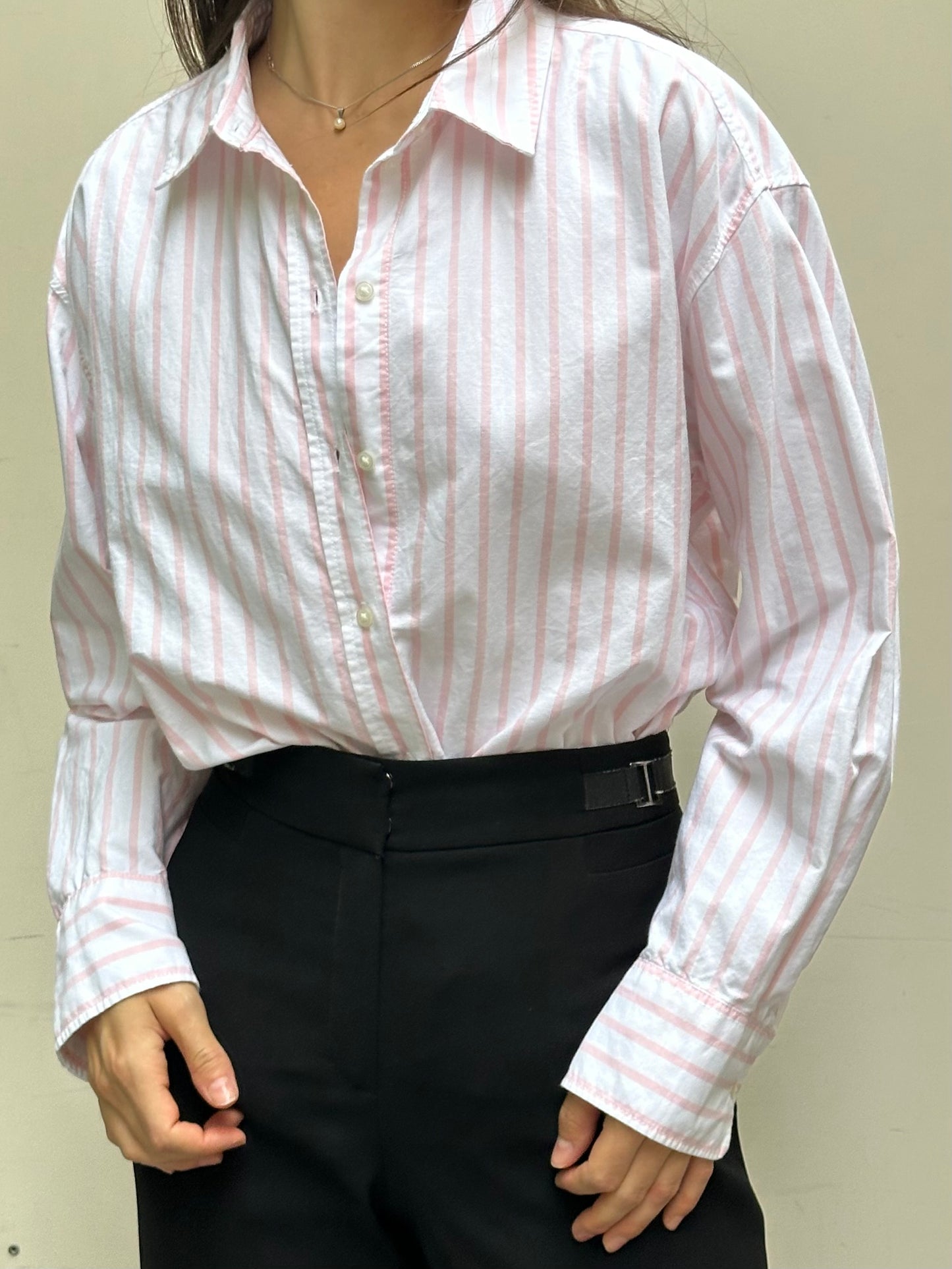 Striped White & Pink 100% Cotton Button Down Shirt M/L