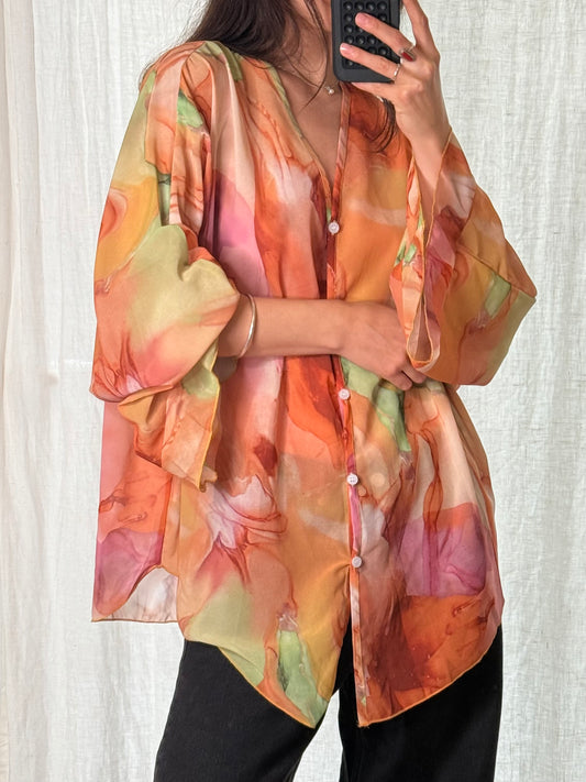 Multicolor Printed Button Down Tunic Long Sleeve Blouse L