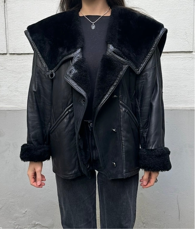 Vintage Black Short 100% Genuine Shearling & Leather Jacket M