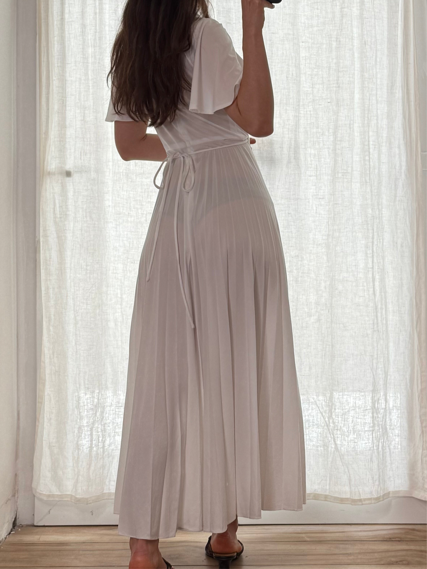 Vintage Pleated White Maxi Gown Dress S