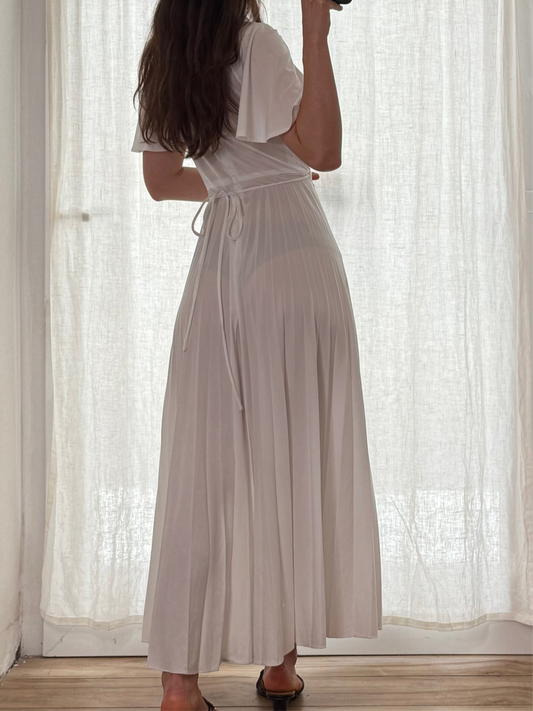 Vintage Pleated White Maxi Gown Dress S
