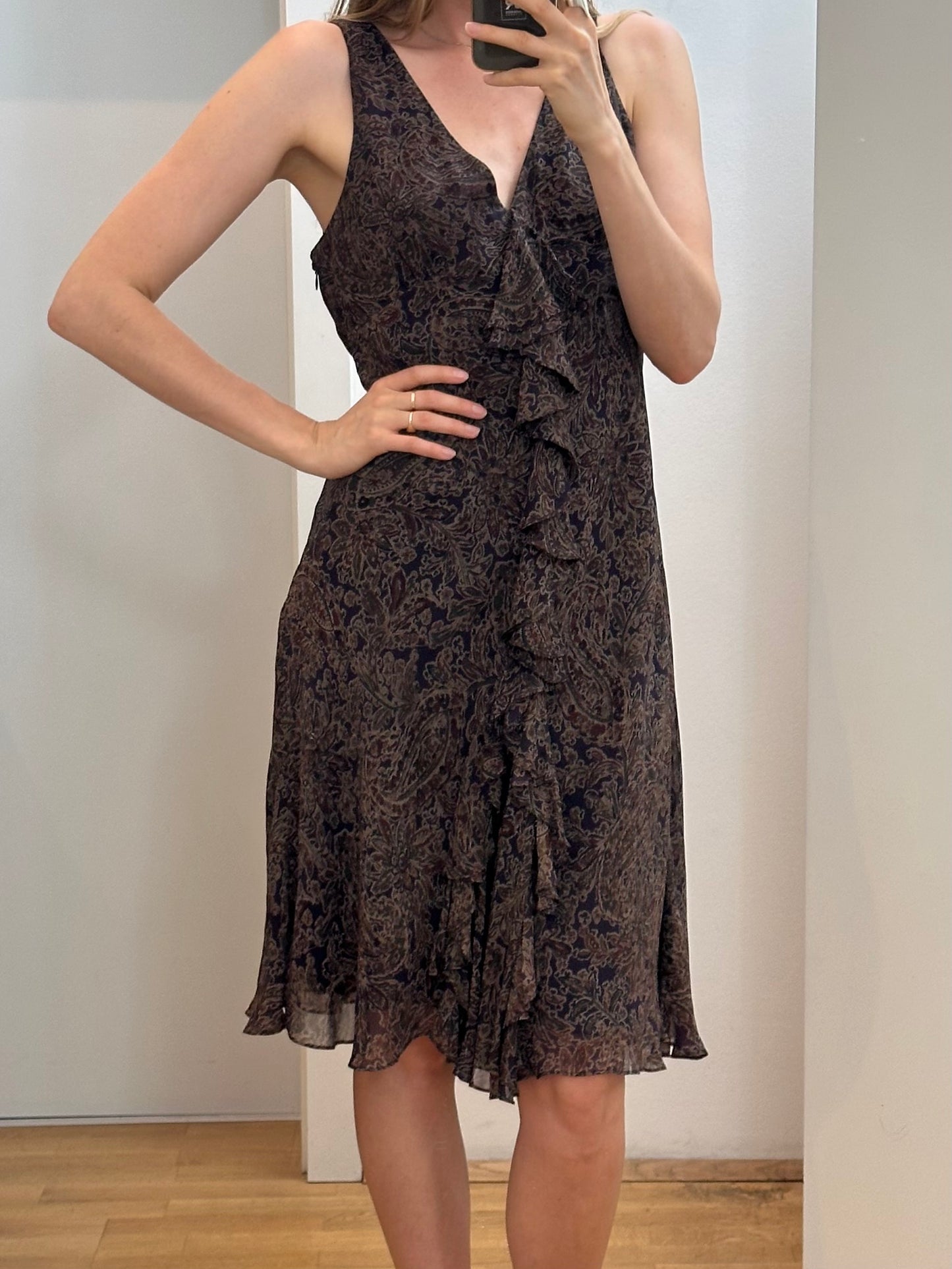 Ralph Lauren Silk Paisley Brown Midi Dress L