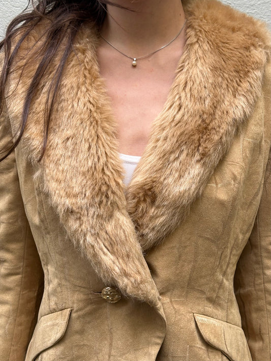 Vintage Beige Soft Fluffy Neck Blazer Jacket S