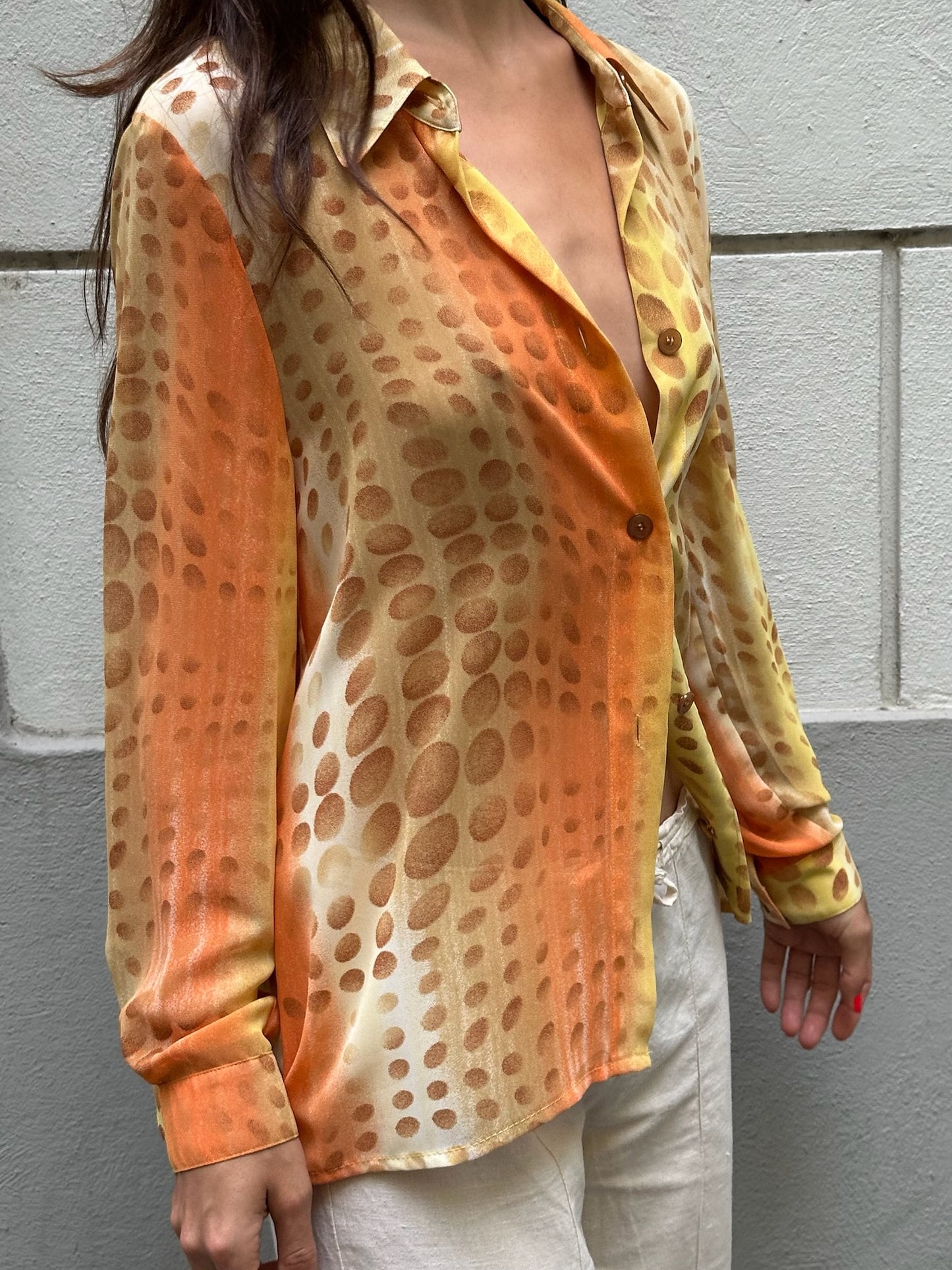 Vintage Trippy Orange Yellow Beige Button Down Blouse M