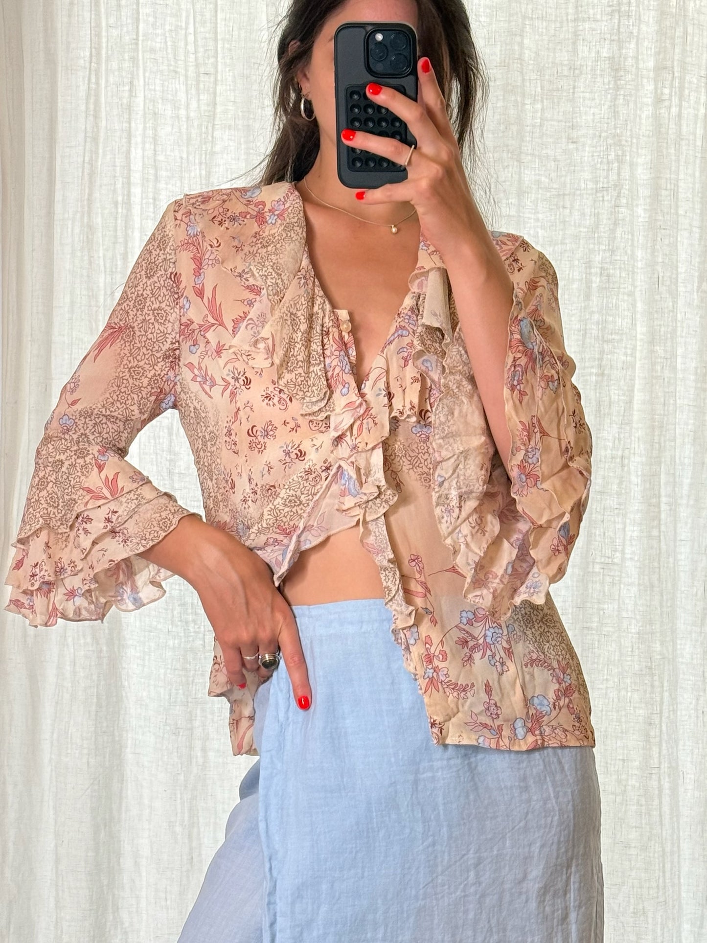 Vintage Floral Viscose Ruffle Blouse S/M