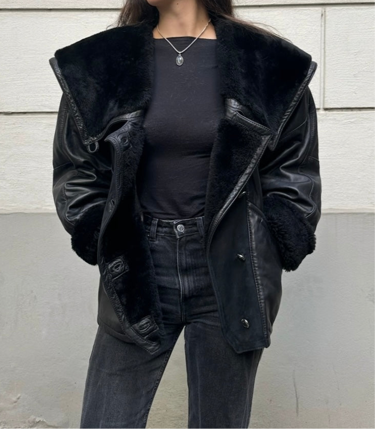 Vintage Black Short 100% Genuine Shearling & Leather Jacket M