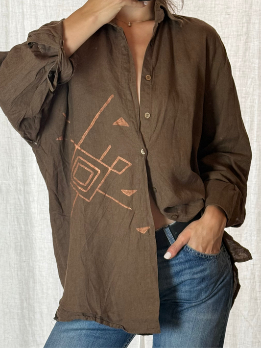 Vintage 100% Linen Brown Button Down Shirt L