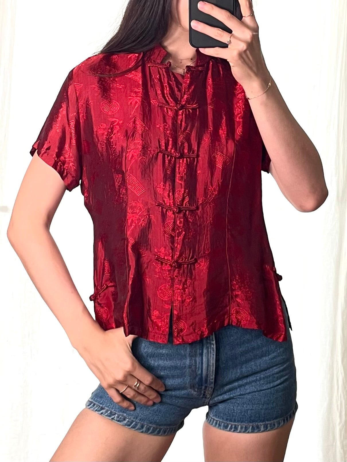 Vintage 100% Silk Deep Red Button Down Asian/Oriental Blouse S/M