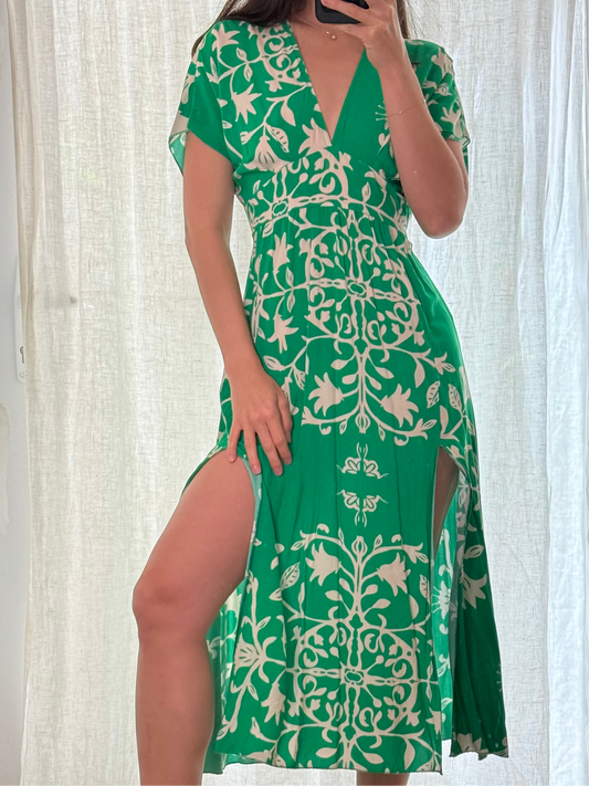 Bright Green & White Printed Slit Midi Dress S