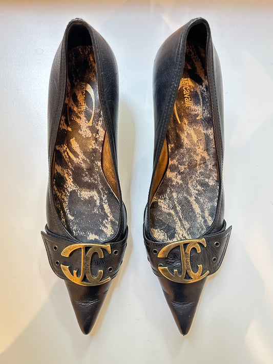 Just Cavalli Black Leather Kitten Heels 39