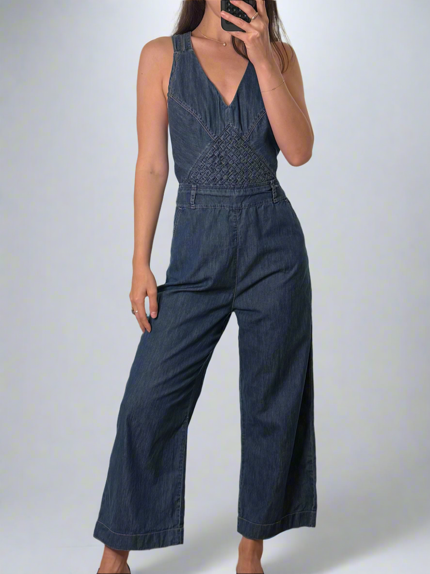Vintage Cotton Denim Braided Detailed Jumpsuit M